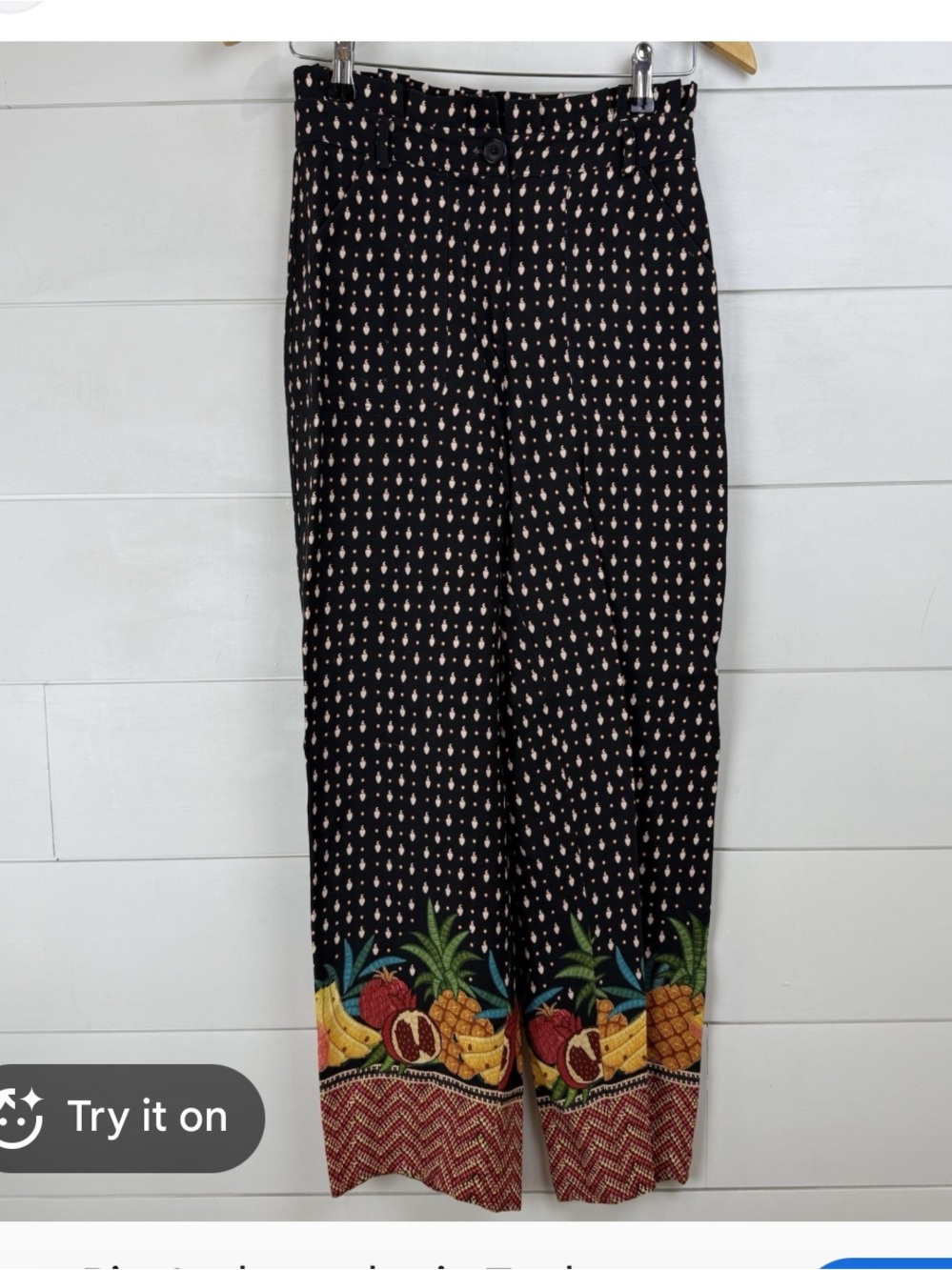 FARM Rio Black Wide-Leg Paperbag Pants with Tropical Fruit Border